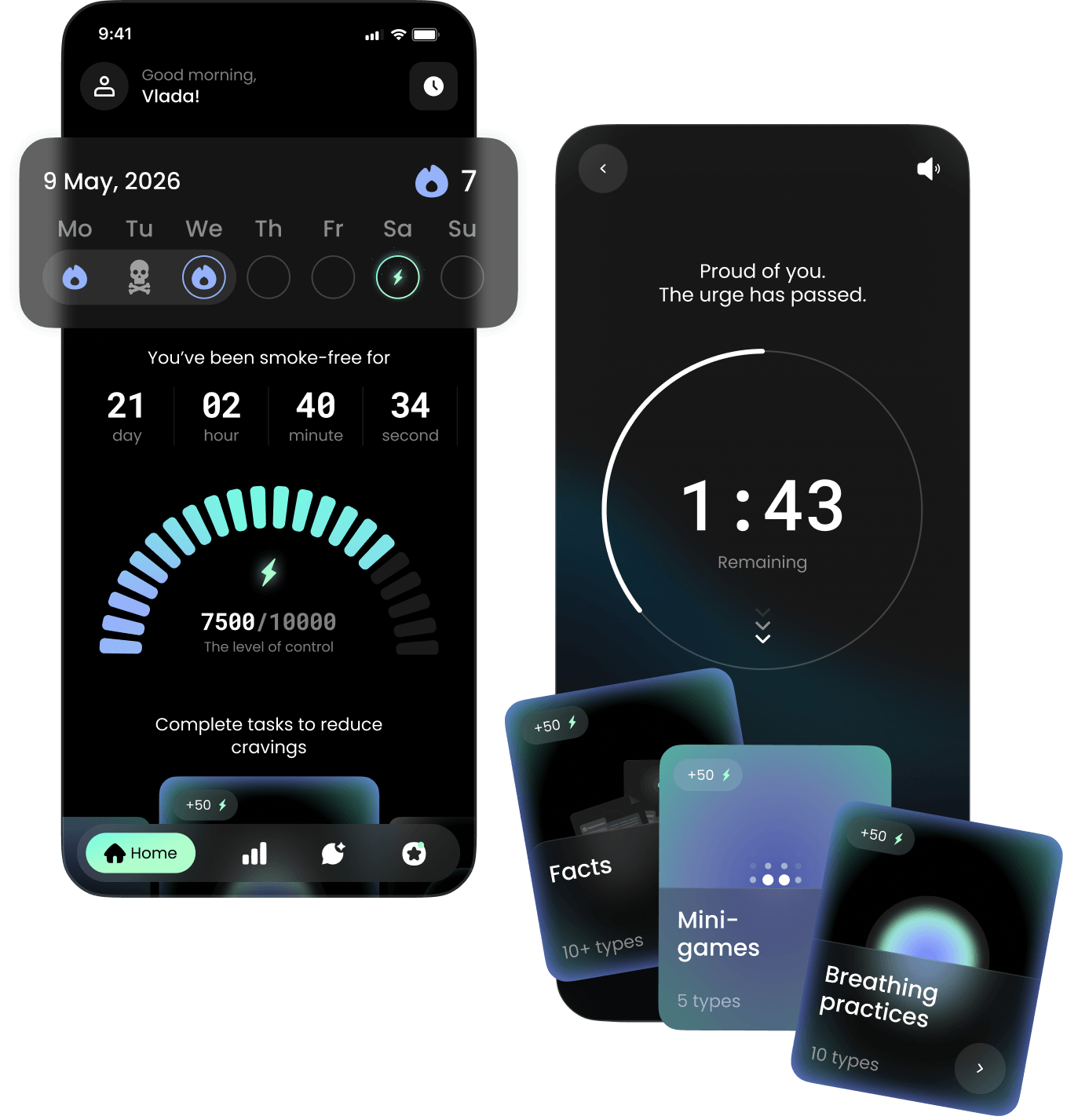 QUIT stop smoking app screens