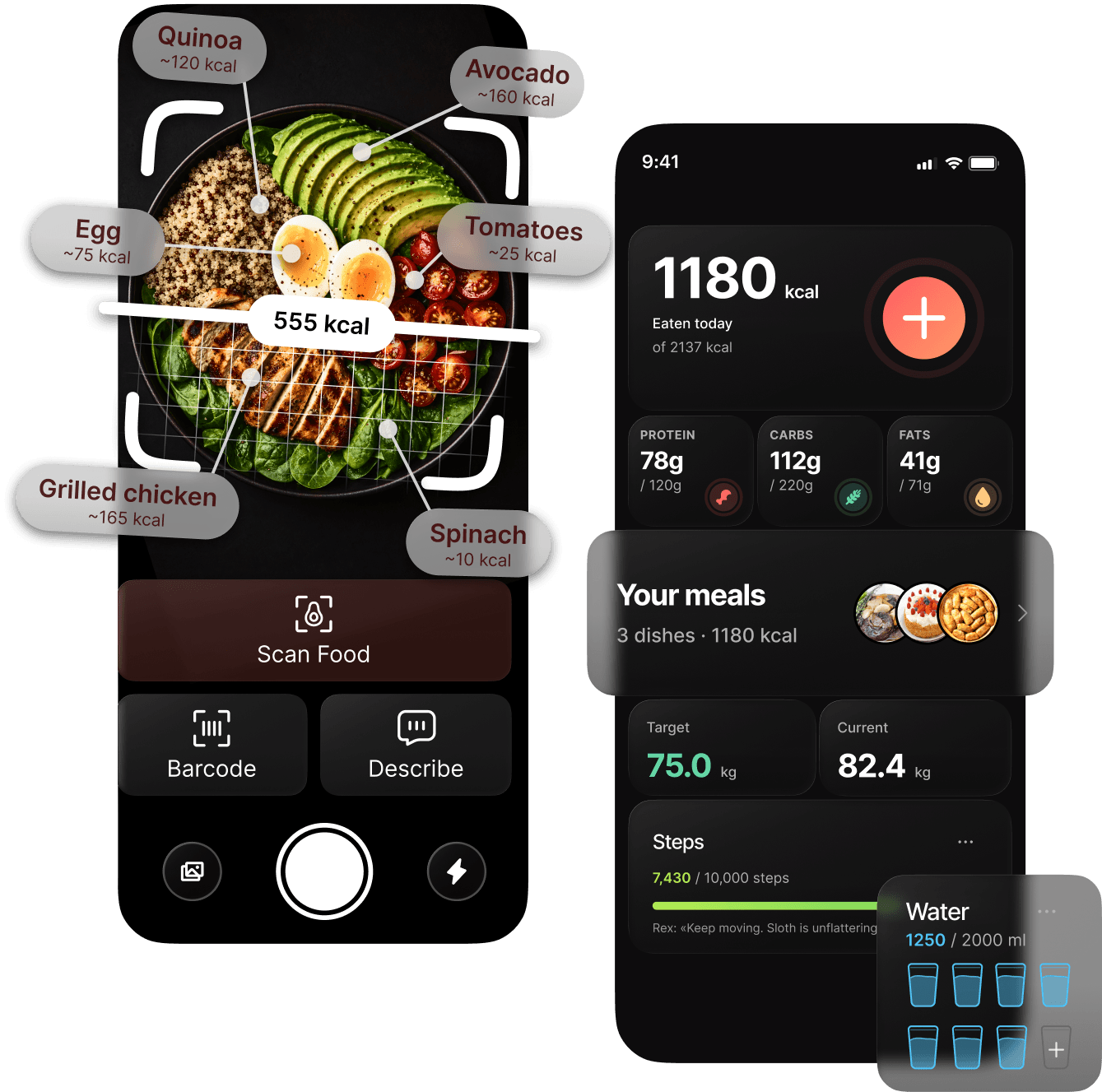 Rex AI calorie tracker app screens
